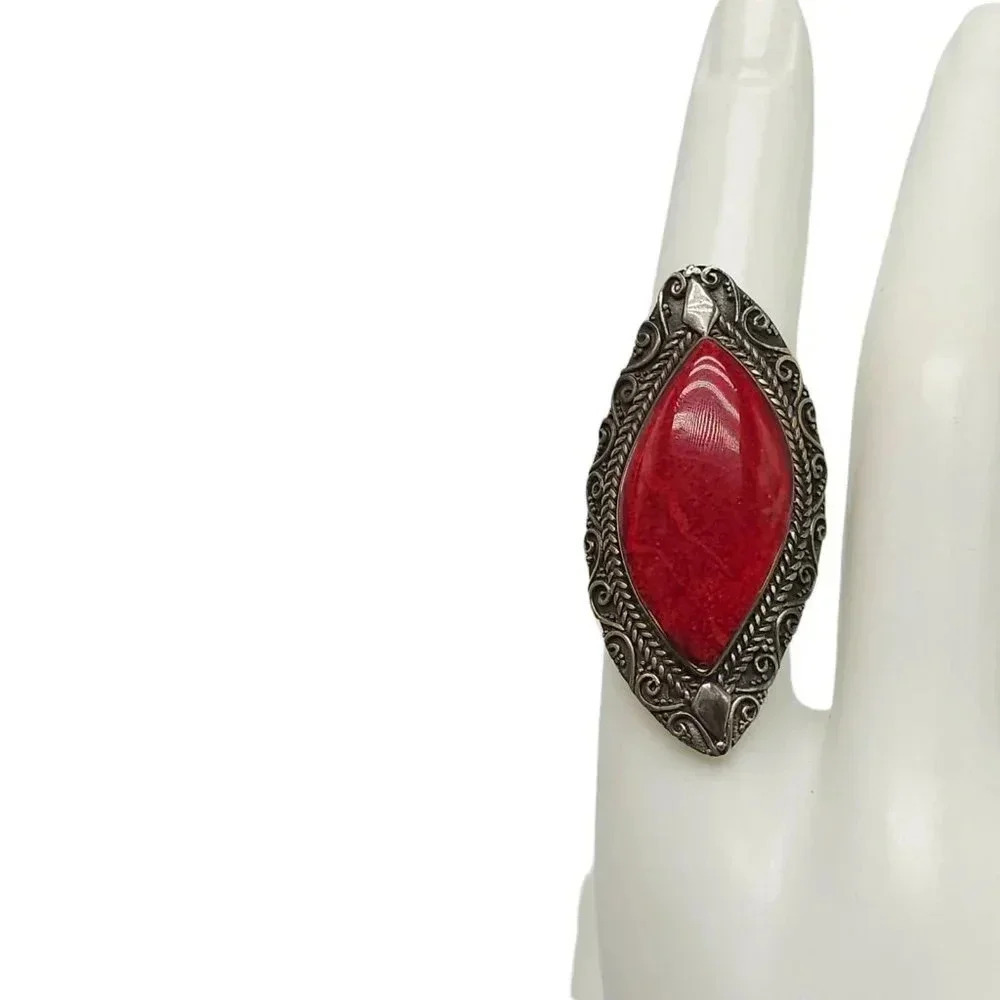 925 Sterling Silver Red Spiny Oyster Stone Ring Size 7 Vintage Southwest